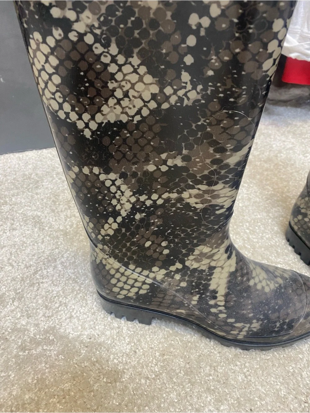 Capelli Snake-Print Tall Rain Boots in Black and Tan